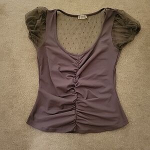 Free People Gray Ruched Crop Top with Mesh Sleeves